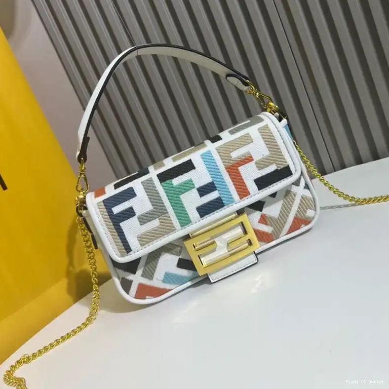 Bag Mini In Baguette White Canvas Multi Fendi FF Motif 0508